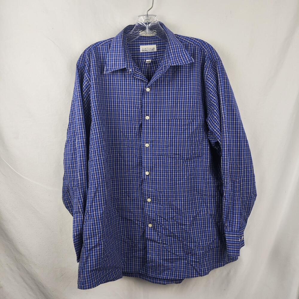 Van Heusen Shirt Mens 16-16.5 32/33 Blue Plaid Wrinkle Free Dress Button Front